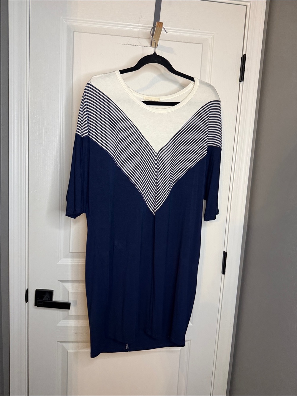 entro Navy and White Striped V‑Neck Mini Dress